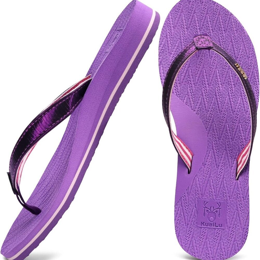 Women's Lightweight Rubber Flip Flops Faux Leather 10 Arch Support Summer